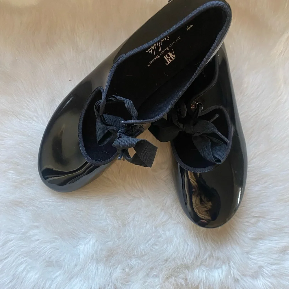 Girls Black Patent Ballet Shoes with Satin Bow